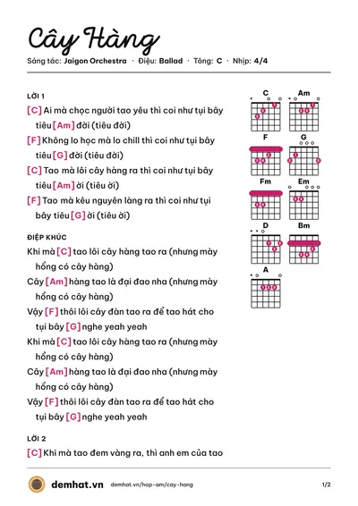 Hợp âm Cây Hàng (KET) – bản nhạc PDF trang 1, tông C