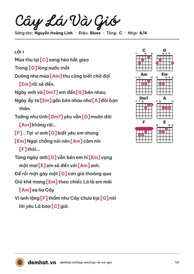 Hợp âm Cây Lá Và Gió (Đăng Khôi) – bản nhạc PDF trang 1, tông C