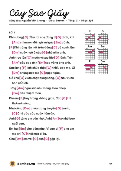 Hợp âm Cây Sao Giấy (Xuân Mai) – bản nhạc PDF trang 1, tông C