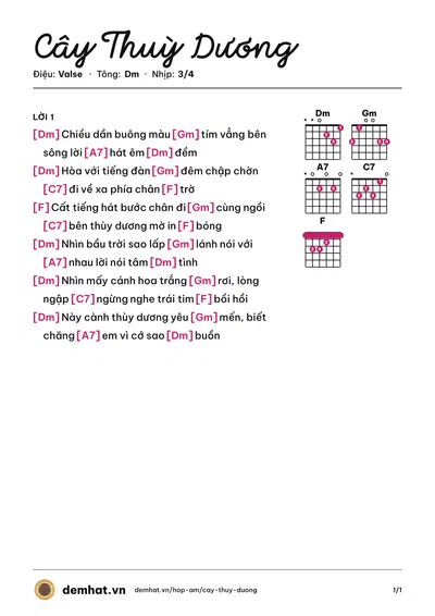 Hợp âm Cây Thuỳ Dương (Hải Yến) – bản nhạc PDF trang 1, tông Dm