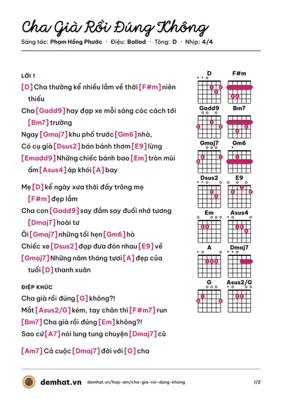 Hợp âm Cha Già Rồi Đúng Không (Phạm Hồng Phước) – bản nhạc PDF trang 1, tông D