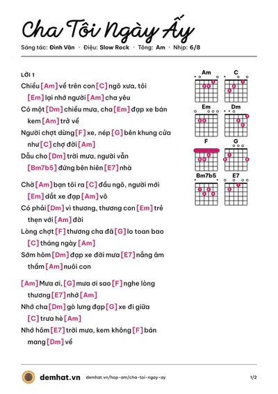 Hợp âm Cha Tôi Ngày Ấy (Lý Hải) – bản nhạc PDF trang 1, tông Am