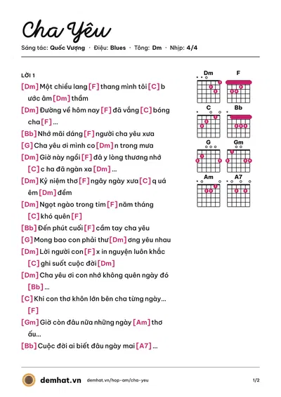 Hợp âm Cha Yêu (Bằng Kiều) – bản nhạc PDF trang 1, tông Dm