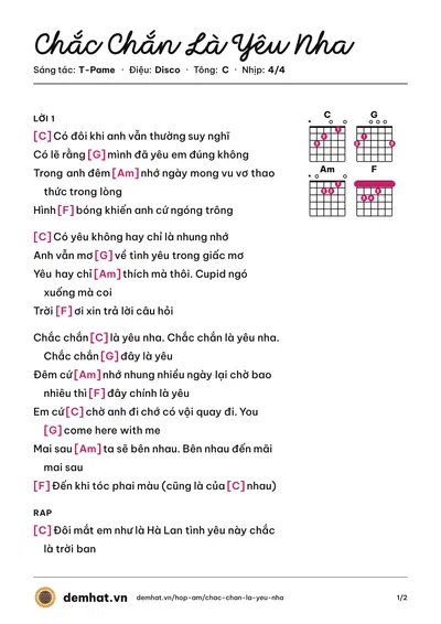 Hợp âm Chắc Chắn Là Yêu Nha (T-Pame) – bản nhạc PDF trang 1, tông C