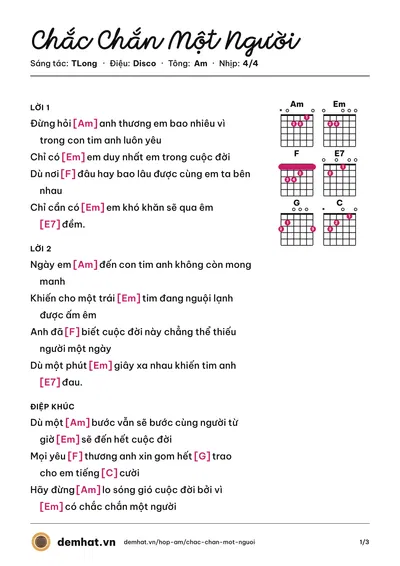 Hợp âm Chắc Chắn Một Người (TLong) – bản nhạc PDF trang 1, tông Am