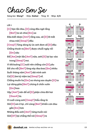 Hợp âm Chac Em Se (WangT) – bản nhạc PDF trang 1, tông G