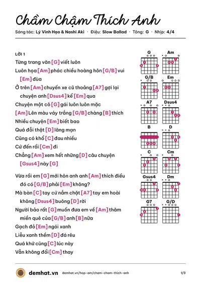 Hợp âm Chầm Chậm Thích Anh (Reii) – bản nhạc PDF trang 1, tông G