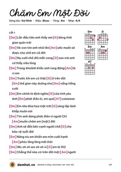 Hợp âm Chăm Em Một Đời (Đức Phúc) – bản nhạc PDF trang 1, tông Am
