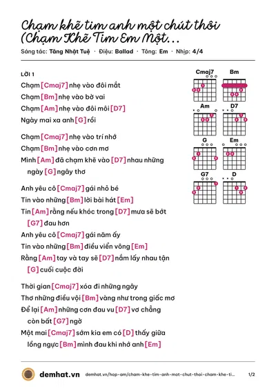 Hợp âm Chạm khẽ tim anh một chút thôi (Chạm Khẽ Tim Em Một Chút Thôi) (Noo Phước Thịnh) – bản nhạc PDF trang 1, tông Em