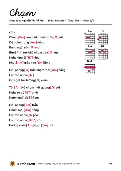 Hợp âm Chạm (Nguyễn Thị Tố Mai) – bản nhạc PDF trang 1, tông Em