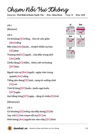 Hợp âm Chạm Nỗi Hư Không (Carol Thủy) – bản nhạc PDF trang 1, tông G