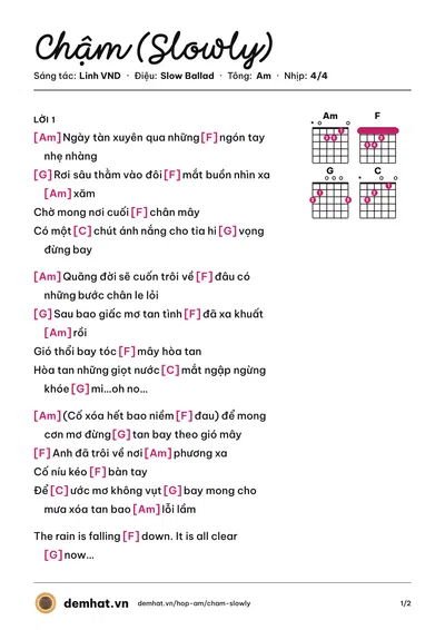 Hợp âm Chậm (Slowly) (Đông Nhi) – bản nhạc PDF trang 1, tông Am