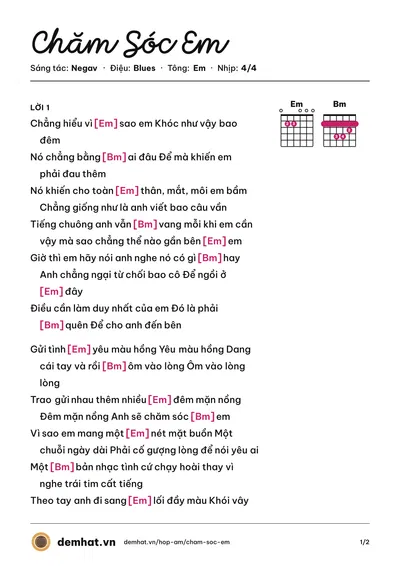 Hợp âm Chăm Sóc Em (Negav) – bản nhạc PDF trang 1, tông Em