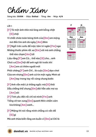 Hợp âm Chấm Xám (SIVAN) – bản nhạc PDF trang 1, tông Am
