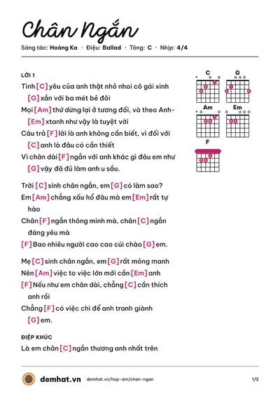 Hợp âm Chân Ngắn (Cẩm Vân) – bản nhạc PDF trang 1, tông C