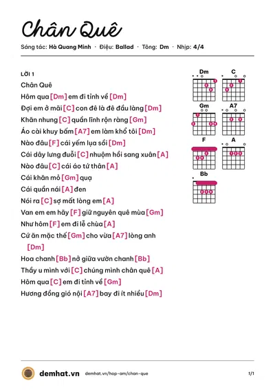 Hợp âm Chân Quê (Hương Lan) – bản nhạc PDF trang 1, tông Dm