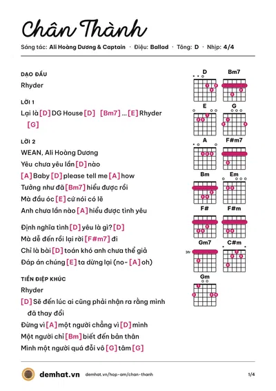 Hợp âm Chân Thành (Rhyder) – bản nhạc PDF trang 1, tông D