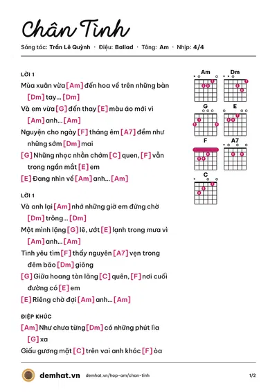 Hợp âm Chân Tình (Lệ Quyên) – bản nhạc PDF trang 1, tông Am