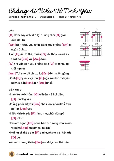 Hợp âm Chẳng Ai Hiểu Về Tình Yêu (Vũ Duy Khánh) – bản nhạc PDF trang 1, tông C