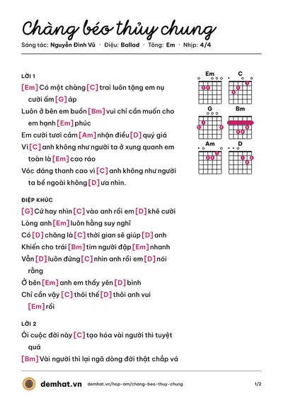 Hợp âm Chàng béo thủy chung (Nguyễn Đình Vũ) – bản nhạc PDF trang 1, tông Em