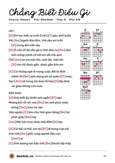 Hợp âm Chẳng Biết Điều Gì (Emcee L) – bản nhạc PDF trang 1, tông G