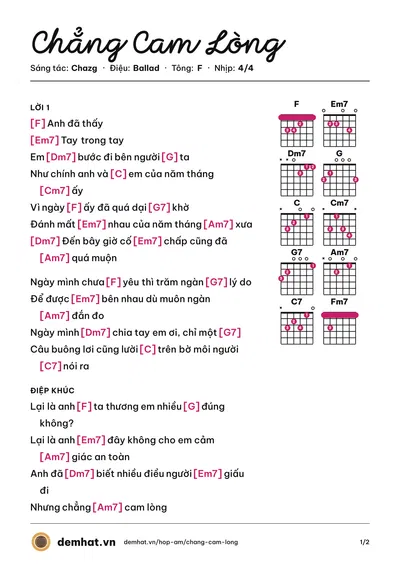Hợp âm Chẳng Cam Lòng (Thanhk) – bản nhạc PDF trang 1, tông F