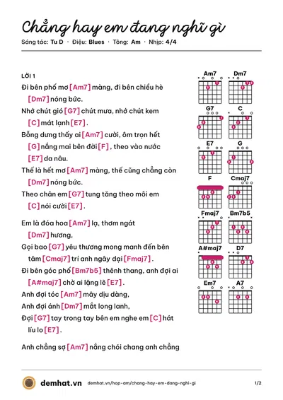 Hợp âm Chẳng hay em đang nghĩ gì (Kiên) – bản nhạc PDF trang 1, tông Am