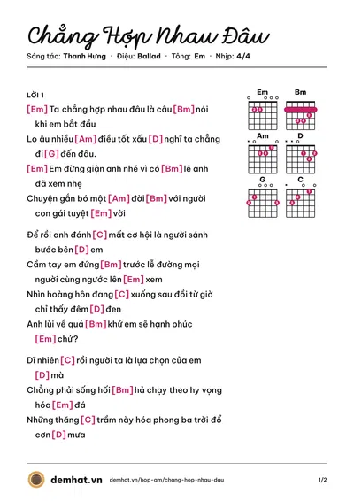 Hợp âm Chẳng Hợp Nhau Đâu (Lê Bảo Bình) – bản nhạc PDF trang 1, tông Em