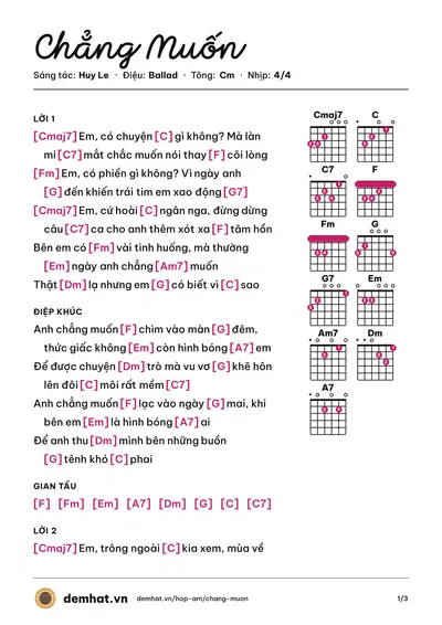 Hợp âm Chẳng Muốn (Huy Le) – bản nhạc PDF trang 1, tông Cm