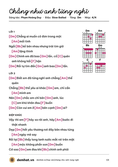 Hợp âm Chẳng như anh từng nghĩ (Phạm Hoàng Duy) – bản nhạc PDF trang 1, tông Dm