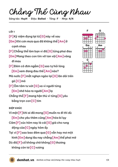 Hợp âm Chẳng Thể Cùng Nhau (HuyH) – bản nhạc PDF trang 1, tông F