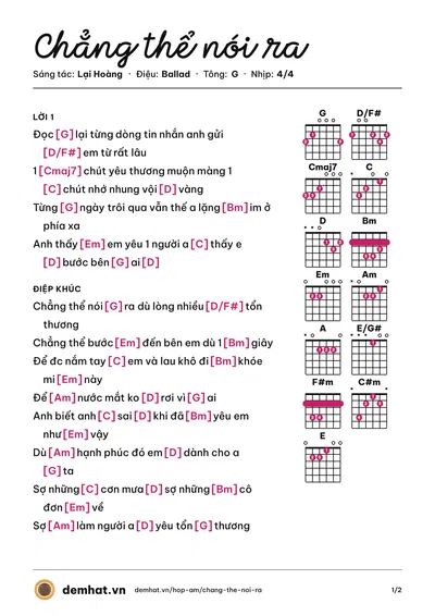 Hợp âm Chẳng thể nói ra (Lại Hoàng) – bản nhạc PDF trang 1, tông G