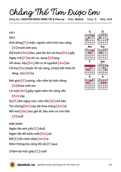 Hợp âm Chẳng Thể Tìm Được Em (PHÚC XP) – bản nhạc PDF trang 1, tông C