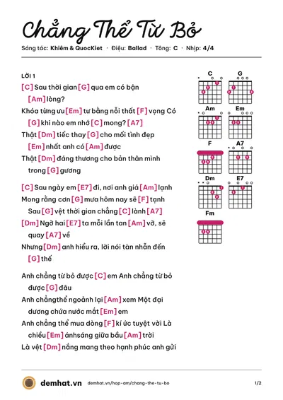 Hợp âm Chẳng Thể Từ Bỏ (Khiêm) – bản nhạc PDF trang 1, tông C