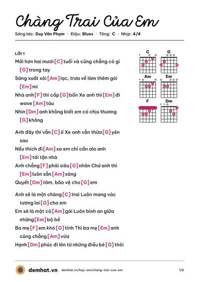 Hợp âm Chàng Trai Của Em (Duy Văn Phạm) – bản nhạc PDF trang 1, tông C
