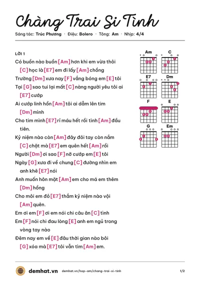Hợp âm Chàng Trai Si Tình (Tuấn Nhân) – bản nhạc PDF trang 1, tông Am