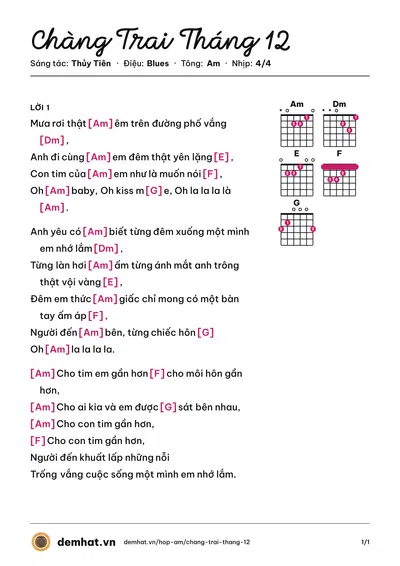Hợp âm Chàng Trai Tháng 12 (Thủy Tiên) – bản nhạc PDF trang 1, tông Am