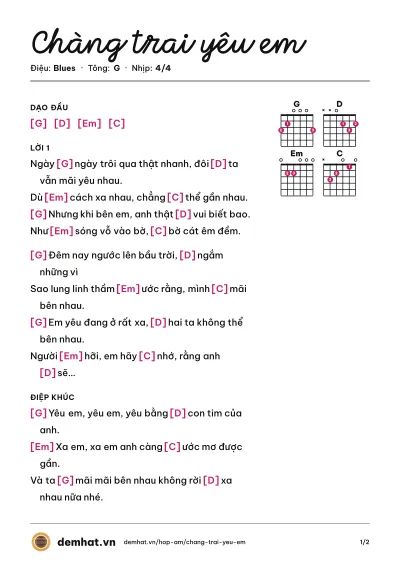 Hợp âm Chàng trai yêu em (Quân Keyboard) – bản nhạc PDF trang 1, tông G