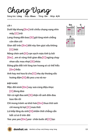Hợp âm Chạng Vạng (Lãng) – bản nhạc PDF trang 1, tông Em