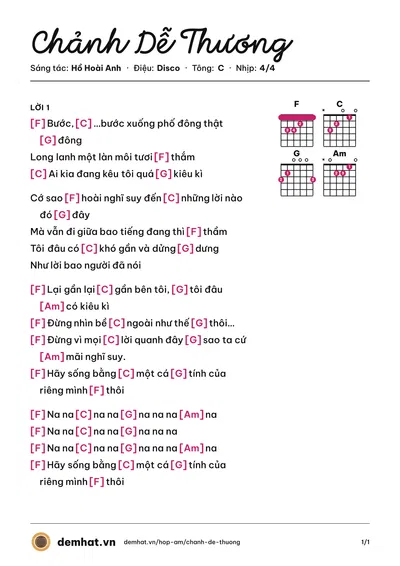 Hợp âm Chảnh Dễ Thương (Đông Nhi) – bản nhạc PDF trang 1, tông C