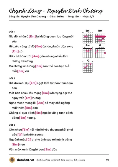 Hợp âm Chạnh Lòng - Nguyễn Đình Chương (Nguyễn Đình Chương) – bản nhạc PDF trang 1, tông Em