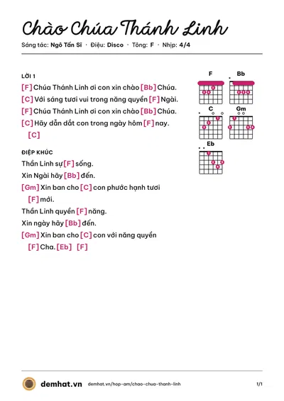 Hợp âm Chào Chúa Thánh Linh (Nhom TD Chua Ba Ngoi) – bản nhạc PDF trang 1, tông F