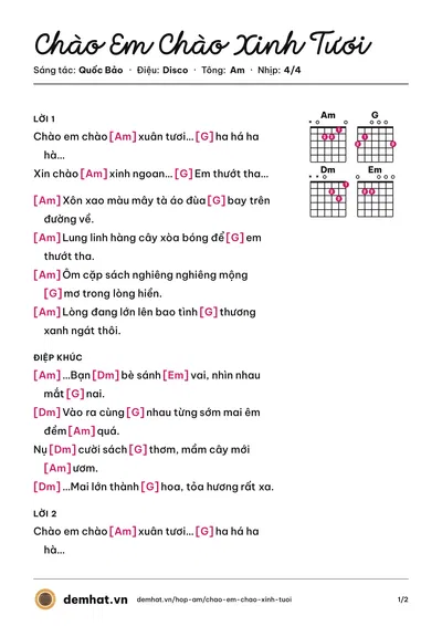 Hợp âm Chào Em Chào Xinh Tươi (Hẳng BingBoong) – bản nhạc PDF trang 1, tông Am
