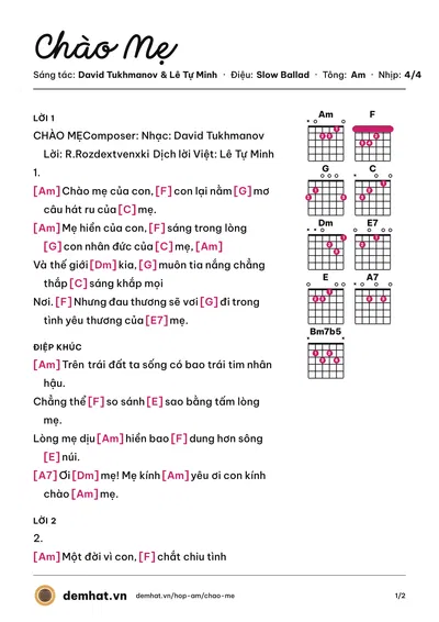 Hợp âm Chào Mẹ (Vũ Thắng Lợi) – bản nhạc PDF trang 1, tông Am