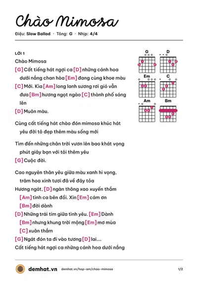 Hợp âm Chào Mimosa (LANGBIAN) – bản nhạc PDF trang 1, tông G