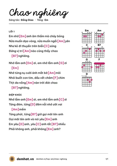 Hợp âm Chao nghiêng (Đồng Giao) – bản nhạc PDF trang 1, tông Em