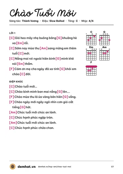 Hợp âm Chào Tuổi Mới (Tô Minh Đức) – bản nhạc PDF trang 1, tông C
