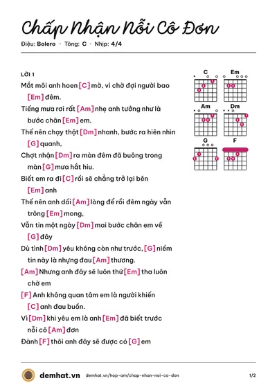 Hợp âm Chấp Nhận Nỗi Cô Đơn (Quang Vinh) – bản nhạc PDF trang 1, tông C