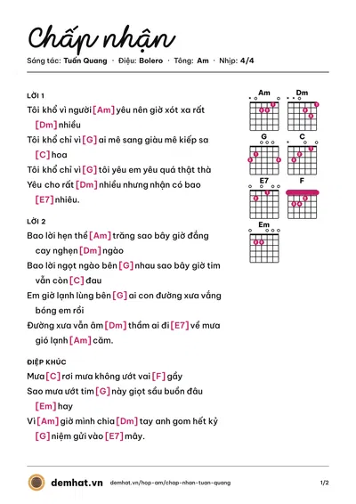 Hợp âm Chấp nhận (Tuấn Quang) – bản nhạc PDF trang 1, tông Am
