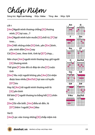 Hợp âm Chấp Niệm (Trương Thảo Nhi) – bản nhạc PDF trang 1, tông Am